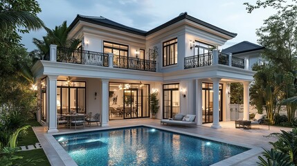 Modern White House with Swimming Pool and Outdoor Furniture