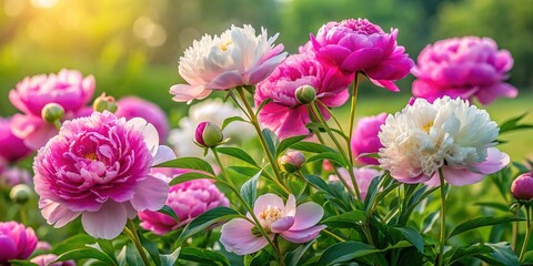 Obraz premium Pink and white peony blossoms cascade from sturdy stems and branches, set against a soothing backdrop of soft green grass and delicate foliage.