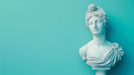Obraz premium A white plaster bust of a woman against a blue background.