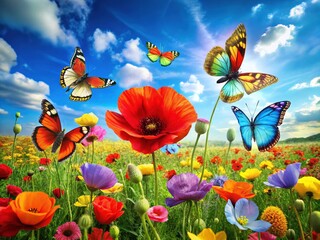 Obraz premium Poppy flowers bloom amidst emerald green grass amidst fluttering flowers, kaleidoscope of colorful butterflies dancing, vibrant colors captivating the senses in a lush, serene setting.