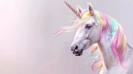 Fototapeta premium A white unicorn with a rainbow mane on a light purple background.