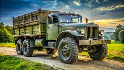 Obraz premium Old military truck is parked on a dirt road in the countryside, with green fields and trees in the background