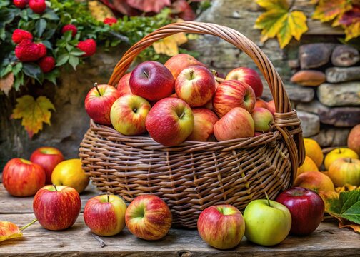 Ripe, vibrant annurca apples, Italy's oldest variety, arranged artfully in a traditional wicker basket, evoking rustic charm and autumnal abundance.