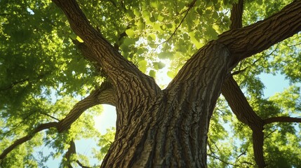 Fototapeta premium Sunlight filtering through the vibrant green leaves of a large tree on a bright day in a serene forest setting