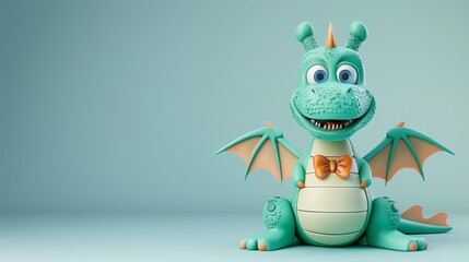 A cartoon dragon with a bow tie on a blue background.