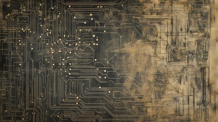 Intricate circuit-like etchings on a muted background creating a futuristic look