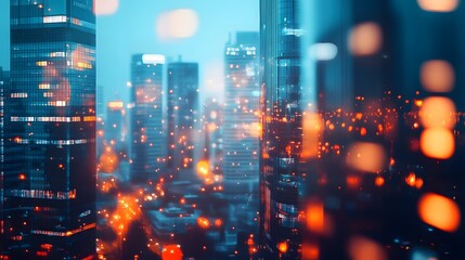 Fototapeta premium abstract background of blurred skyscrapers at night business and technology concept. 