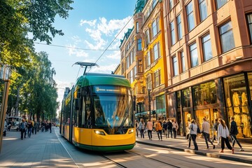 Fototapeta premium A yellow and green trolley is traveling down a street with a crowd of people wal
