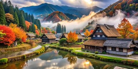 Fototapeta premium Rustling maple trees sway amidst ancient thatched-roof houses, mist-shrouded mountains, and tranquil rice fields, with winding rivers flowing gently through Japan's Gifu prefecture.