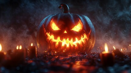 Naklejka premium Glowing Jack-o'-Lantern with Evil Grin in a Smoky Forest
