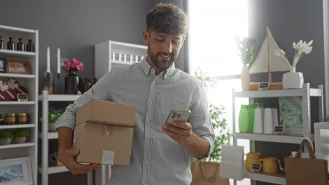 Young man holding boxes and using a smartphone while standing in a home decor store interior with shelves and various decorative items.
