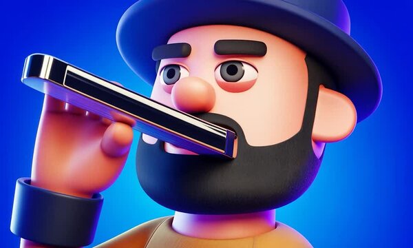 Colorful 3D Illustration of a Harmonica Player in Hat and Beard