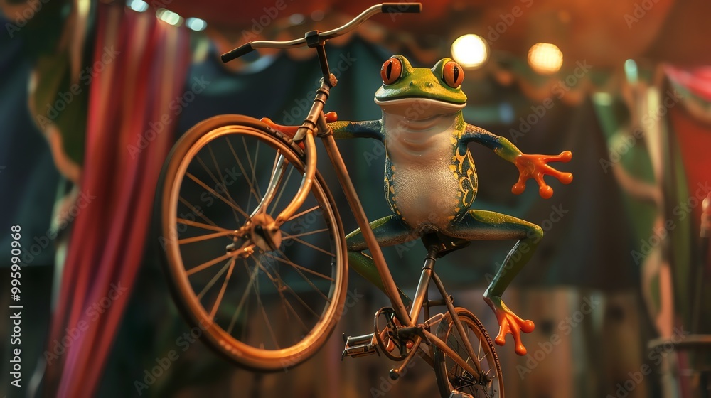 Poster A cartoon frog riding a bicycle.