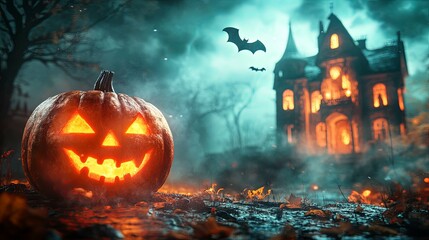 Naklejka premium Illuminated Jack-o'-lantern in front of a Spooky Haunted House
