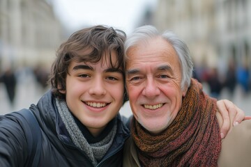 A young man and an older man are smiling for a picture