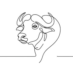 A black and white drawing of a cow with horns. The cow has a happy expression on its face