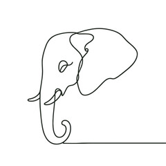 A black and white drawing of an elephant with a curved trunk. The elephant is looking at the camera