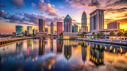 Serene evening scene of the Tampa skyline featuring a mix of modern and historic architecture, with the sun dipping into the calm waters of Tampa Bay.