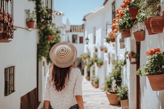 Fototapeta A woman wearing a straw hat walks down a narrow street lined with potted plants