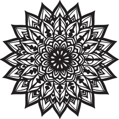 Detailed black and white mandala illustration of a flower in a symmetrical design
