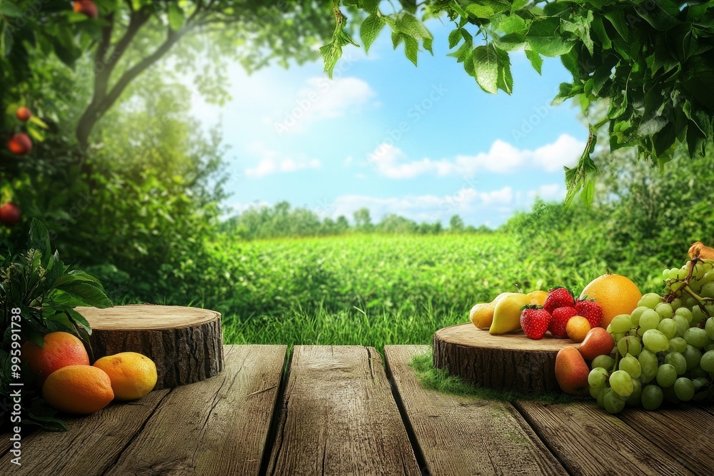 Wall mural farm wood nature field fruit table product grass garden background stand green food. nature wood lan