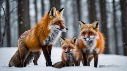 Family of foxes with their vibrant reddish orange fur and bushy tails amidst snowy forest landscape