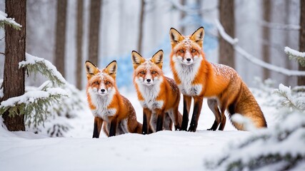 Fototapeta premium Family of foxes with their vibrant reddish orange fur and bushy tails amidst snowy forest landscape