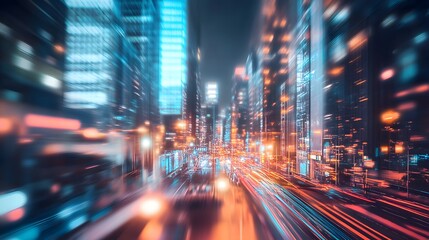 Fototapeta premium abstract background of blurred skyscrapers at night business and technology concept. 