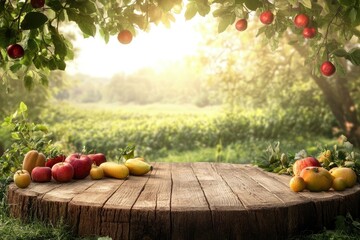 Farm wood nature field fruit table product grass garden background stand green food. Nature wood landscape morning farm outdoor sky podium forest with generative ai