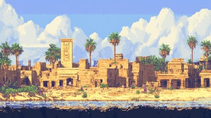 Obraz premium Pixelated Desert Cityscape with Palm Trees and Clouds