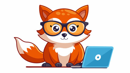 A cute fox wearing glasses is sitting on the laptop with a white background. An owl with glasses and a surprised look. high-quality vector illustration.