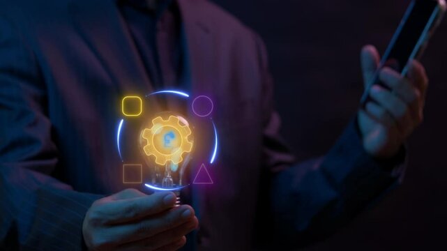 Business Process concept, set of activities performed by a group of stakeholders to achieve an organizational goal. Businessman shows glowing neon line of Business Process icon on virtual screen.