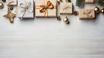 Top view of gifts, bows and Christmas decorations on a light gray wooden background