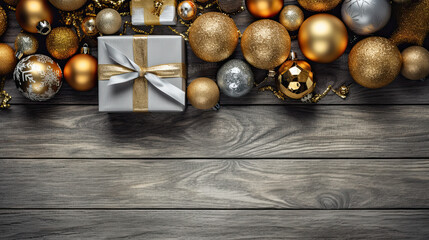 Naklejka premium Top view of gifts, bows and Christmas decorations on a gray wooden background