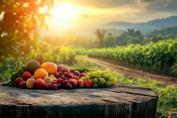 Farm wood nature field fruit table product grass garden background stand green food. Nature wood landscape morning farm outdoor sky podium forest with generative ai
