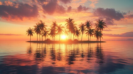 Sunset Over a Tropical Island with Palm Trees