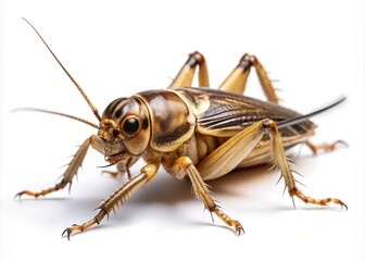 Softly focused, the edible cricket's gentle curves and brown stripes blend with the pristine white background in subtle harmony.