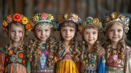Fototapeta premium Charming young girls in traditional costumes display intricate headpieces and vibrant dresses during a cultural festival. Generative AI