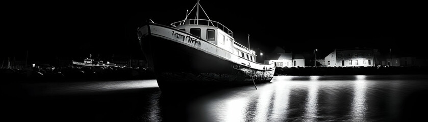 A weathered boat sits docked in the harbor at night, its silhouette illuminated by the moon's glow reflecting off the water's surface