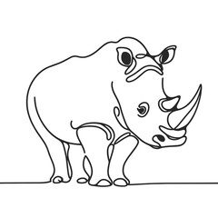 A rhino is standing in the foreground of a white background. The rhino has a large horn on its head and he is angry