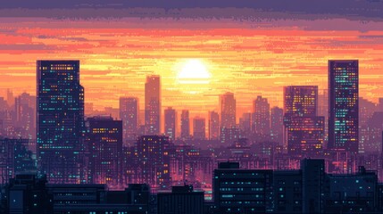 Fototapeta premium Pixelated Cityscape with Sunset and Illuminated Windows