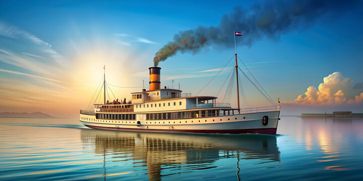 Retro passenger steam ship in , nostalgia, vintage, travel, transportation, historic, maritime, ocean liner, detailed