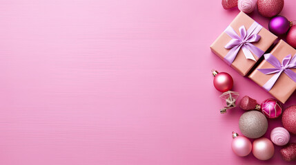 Top view of gifts, bows and Christmas decorations on a pink wooden background