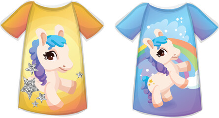 Cartoon t-shirt and apparel designs. Cute funny small animals set. Cute little pony or horse. Fairytale background with rainbows and animals. Fabulous landscape. Children's print.Wonderland. Fabulous 