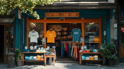 Naklejka premium A colorful clothing store storefront with folded t-shirts on display outside, showcasing an inviting and vibrant atmosphere.