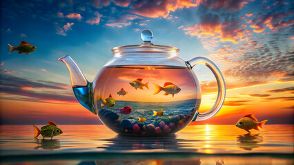 Floating teapot aquarium with colorful fish swimming at sunset, teapot, aquarium, fish, sunset, colorful, floating, water