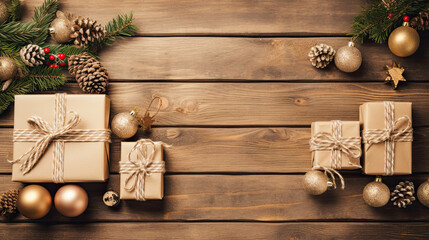 Top view of gifts, bows and Christmas decorations on a beige wooden background
