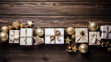 Top view of gifts, bows and Christmas decorations on a dark white wooden background
