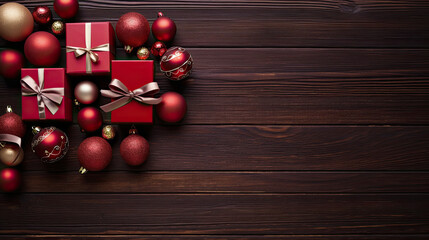 Naklejka premium Top view of gifts, bows and Christmas decorations on a dark red wooden background