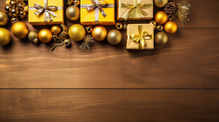 Naklejka premium Top view of gifts, bows and Christmas decorations on a dark yellow wooden background